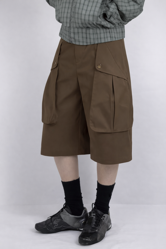 “FORTRESS” Wide-Leg Cargo Long Shorts