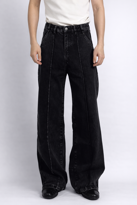 “CENTER AXIS” Sand-Washed Black Denim